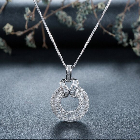 925 Sliver Coating CZ Emerald and Round Cut Necklace for Women, HA4552 - Picture 1 of 3